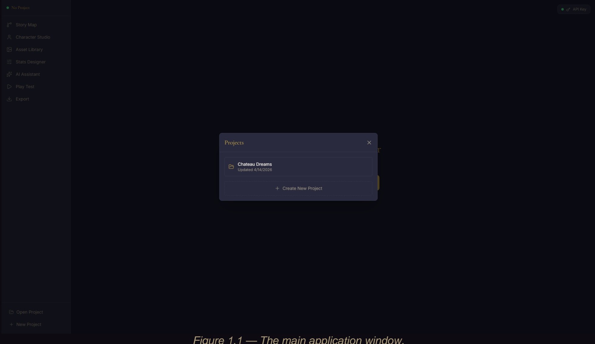 Visual Novel Designer main application window with sidebar and Projects dialog