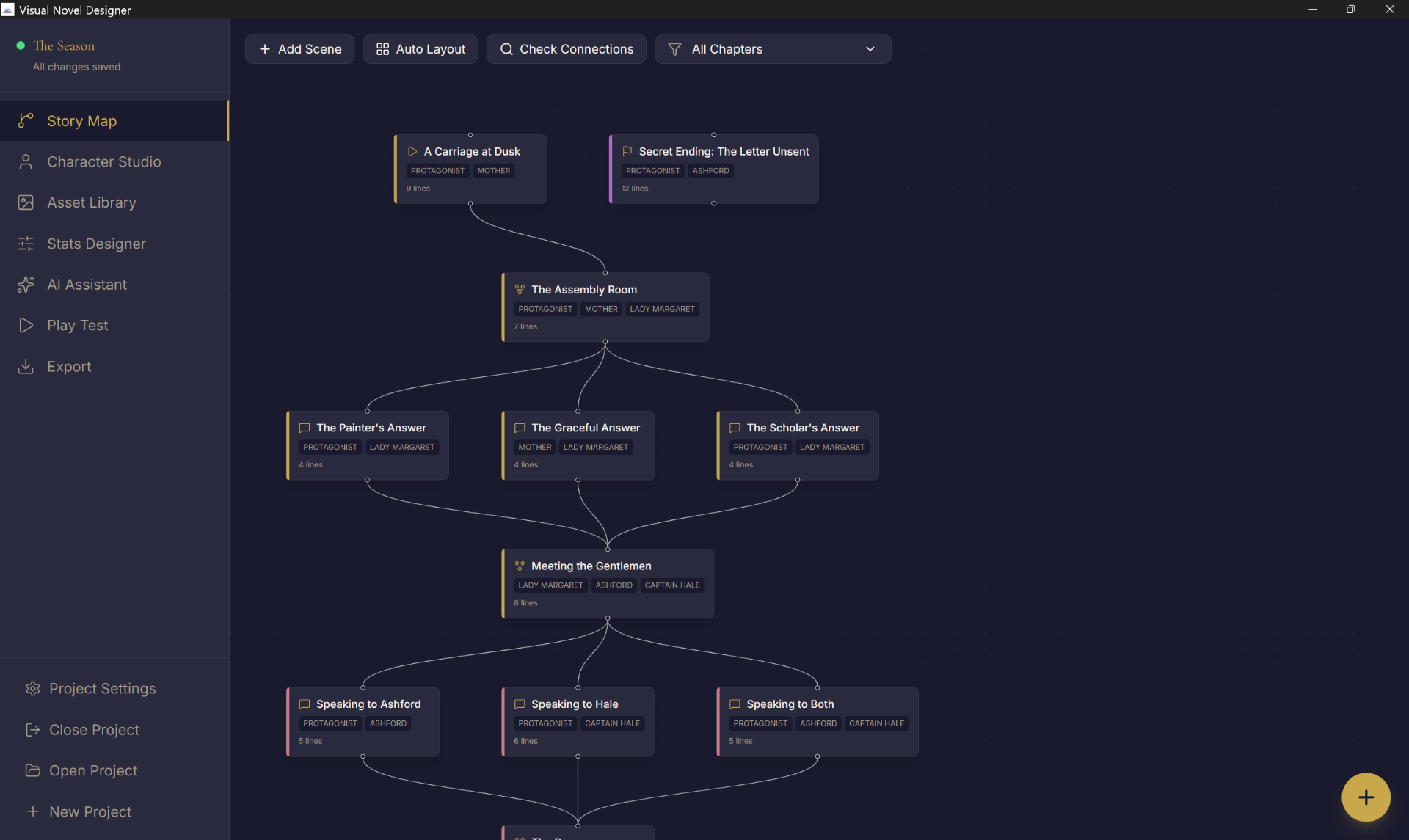 Story Map canvas with scene nodes and branching connections